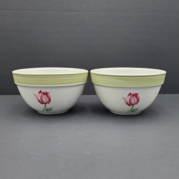 Thomson Pottery Gina Soup Cereal Bowls Red Pink Tulip Flower Small Serving Bowls - Picture 1 of 9